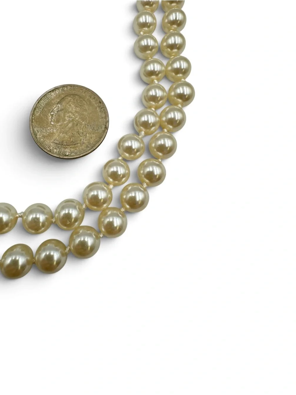 Vintage Double Strand Warm Cream Glass Shell Imitation Pearl Necklace 19”